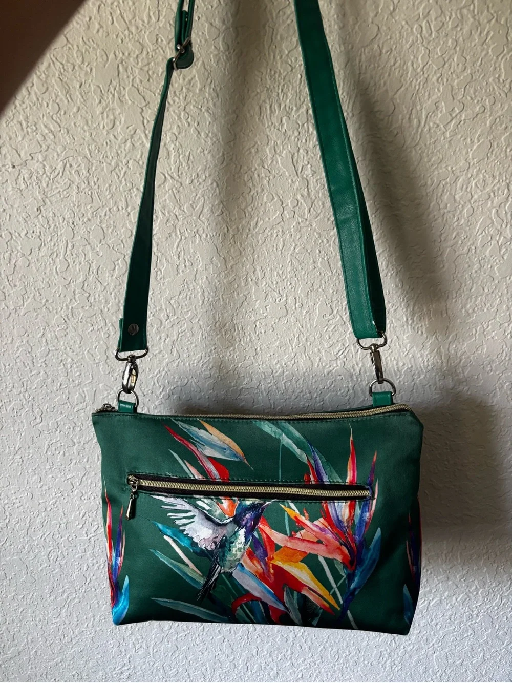 Green Hummingbird Print Crossbody Bag